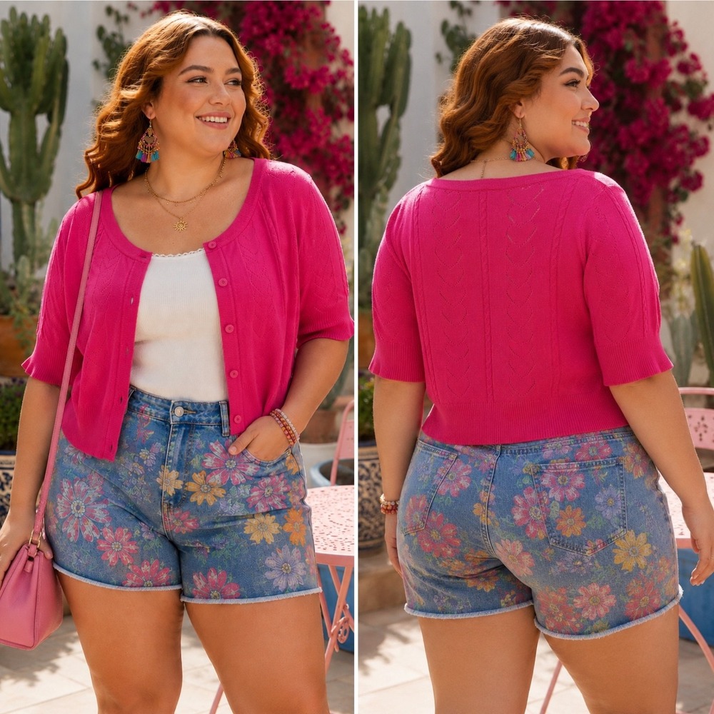 Torrid Pointelle Cardigan Sweater 2X Pink Cropped Short Sleeve Heart Lightweight